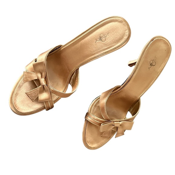 JOEY ALESANDRA GOLDTONE SATIN BOW aDETAIL SLIPON HEEL SUMMER SANDALS 9 - Picture 3 of 11